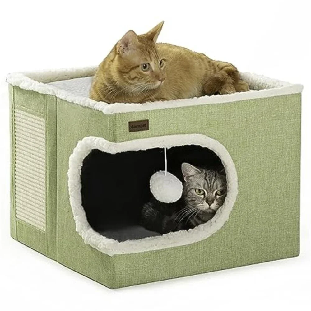 Cat Bed Cube House Covered Cat Cave Bed with Scratch Pad Toy Hideaway for Cats